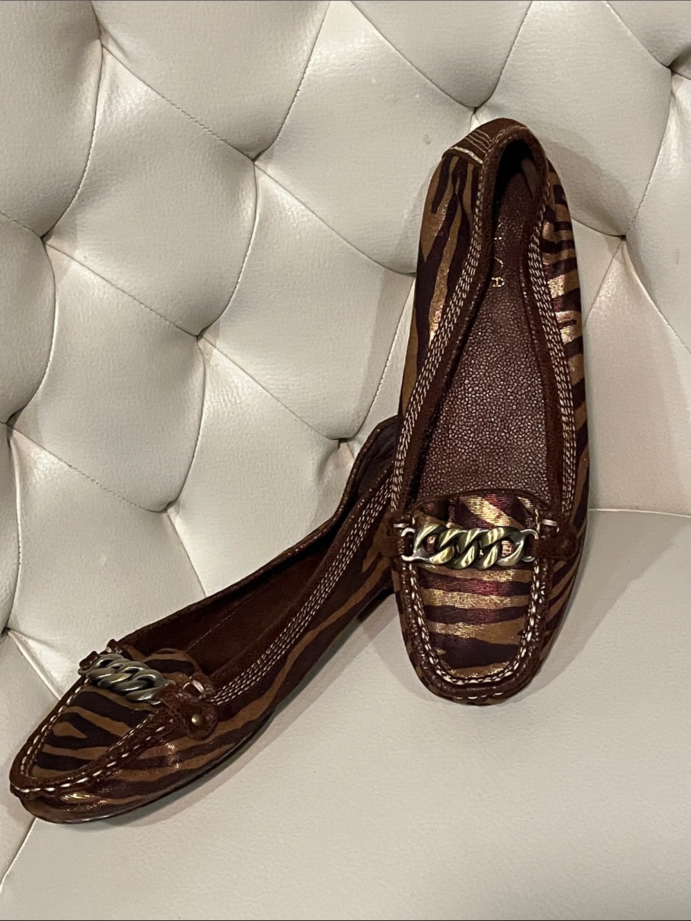 Unisa Brown Zebra-Print Chain-Trim Loafers